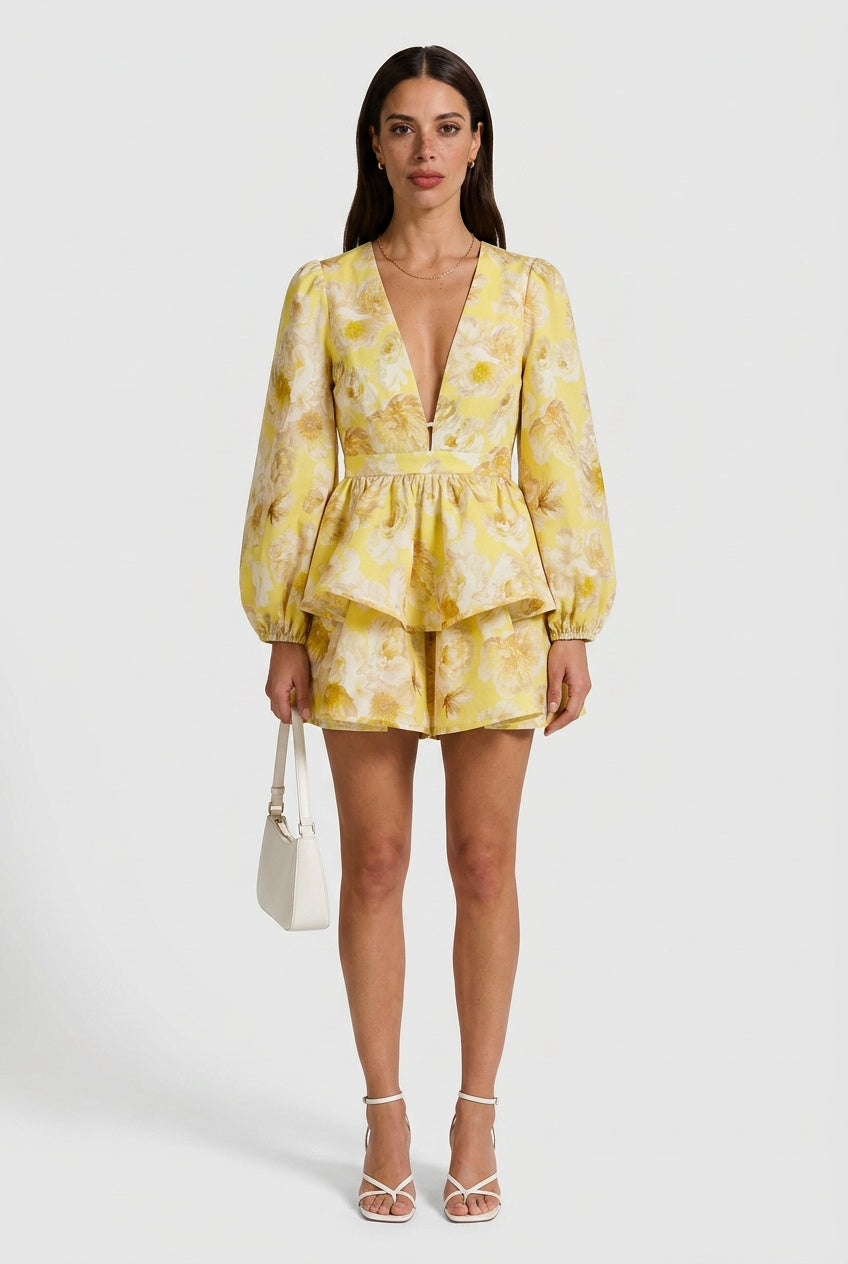 long sleeve deep v ruffle mini dress Women Puff Neck Tiered Skirt Sleeve – Avenor tag:bestselling8/24 neckline and long sleeves Beloved by Casablanca - Color:Marlin