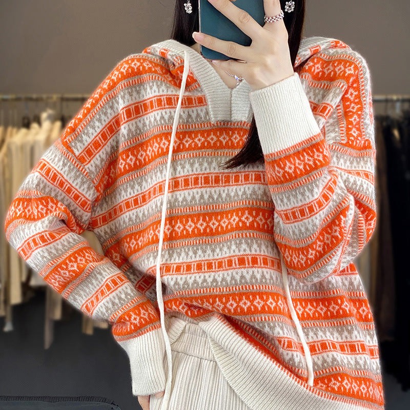 Fair Isle Hooded Sweater Drawstring