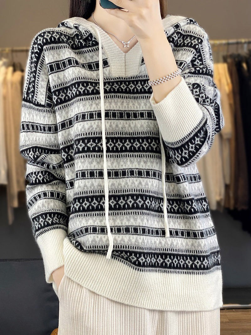 Fair Isle Hooded Sweater Drawstring