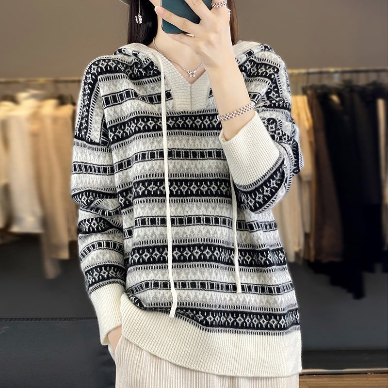 Fair Isle Hooded Sweater Drawstring