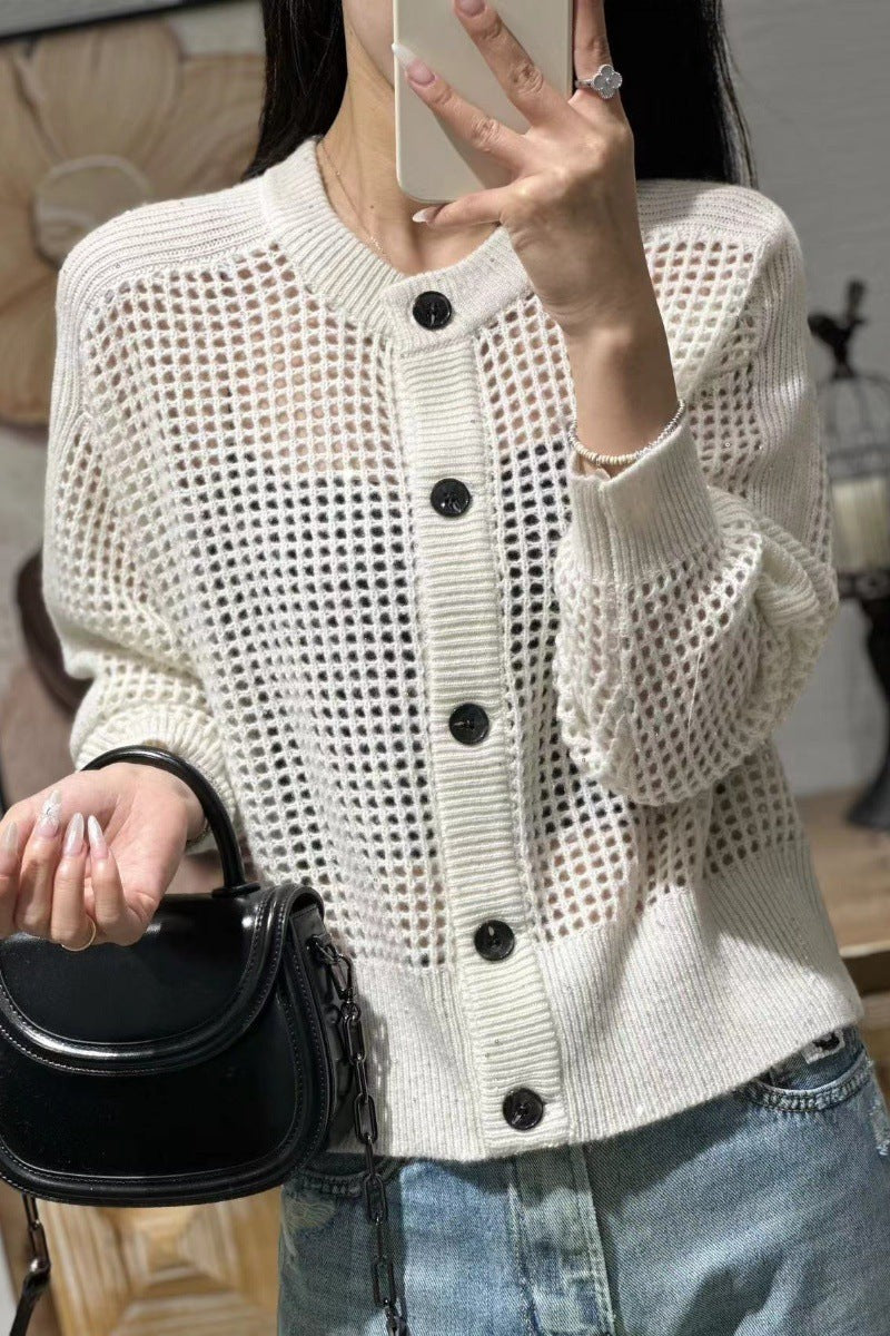 Button Up Cardigan Hollow Knit Round Neck