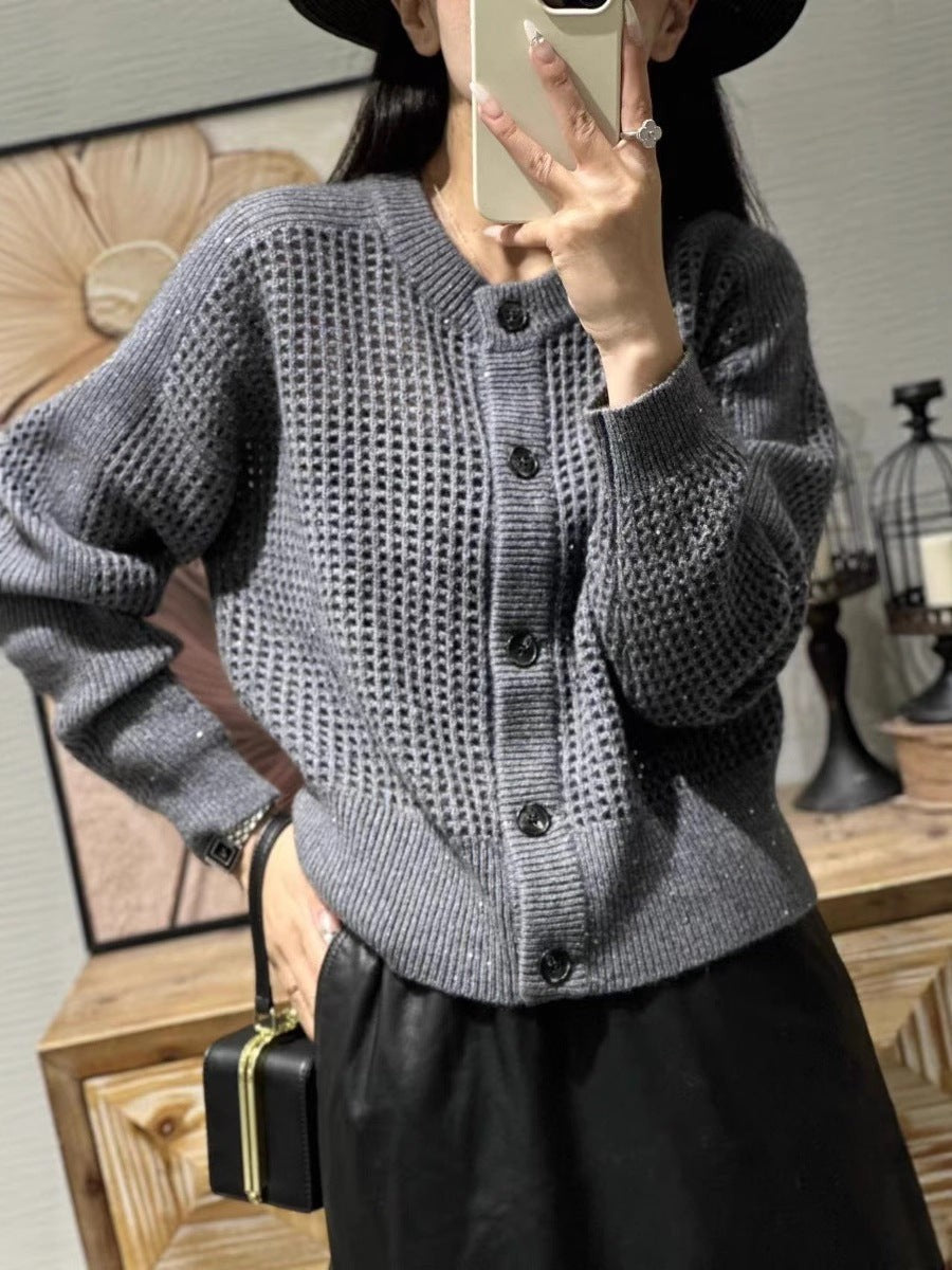 Button Up Cardigan Hollow Knit Round Neck