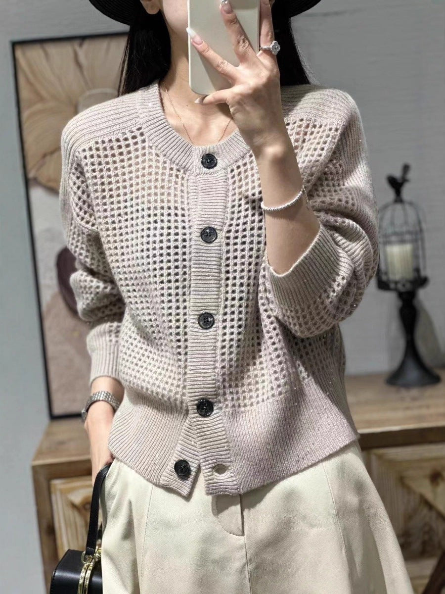 Button Up Cardigan Hollow Knit Round Neck