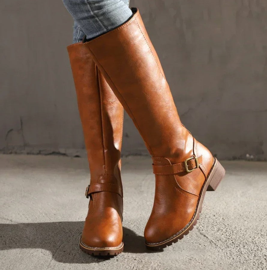 Knee High Riding Boots Buckle Detail Side Zip