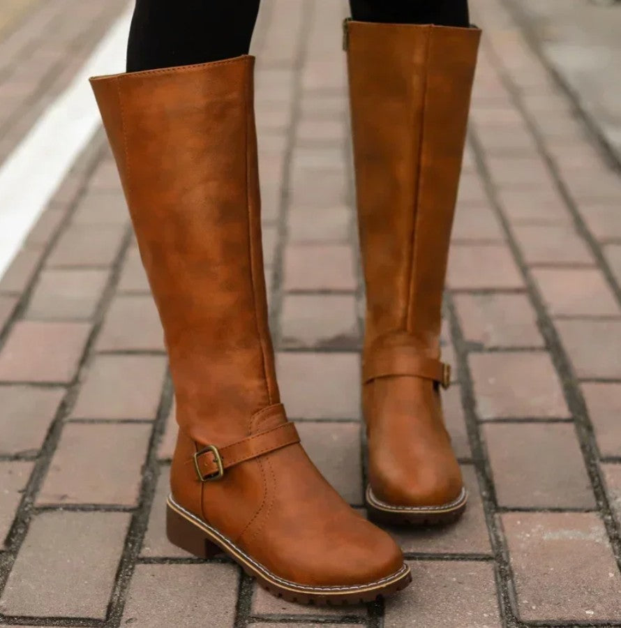 Knee High Riding Boots Buckle Detail Side Zip