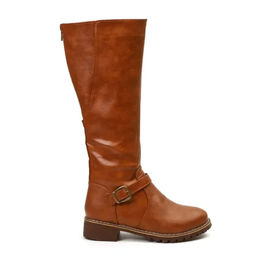 Knee High Riding Boots Buckle Detail Side Zip