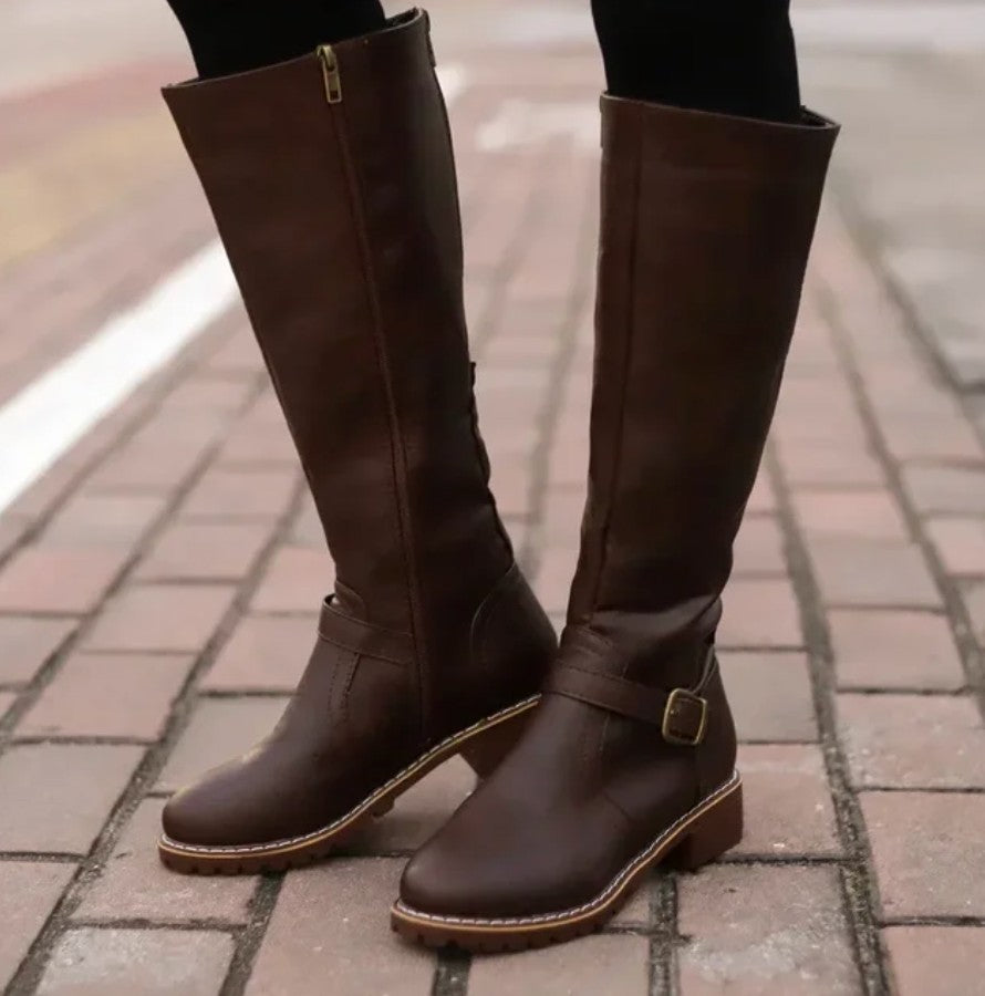 Knee High Riding Boots Buckle Detail Side Zip