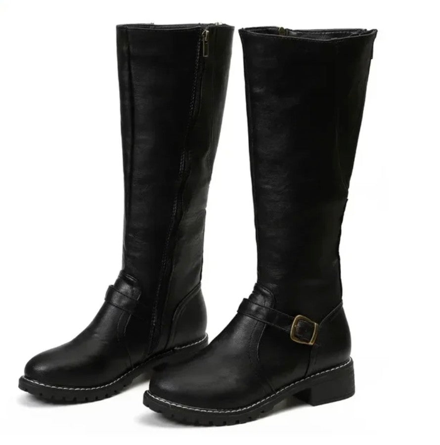 Knee High Riding Boots Buckle Detail Side Zip