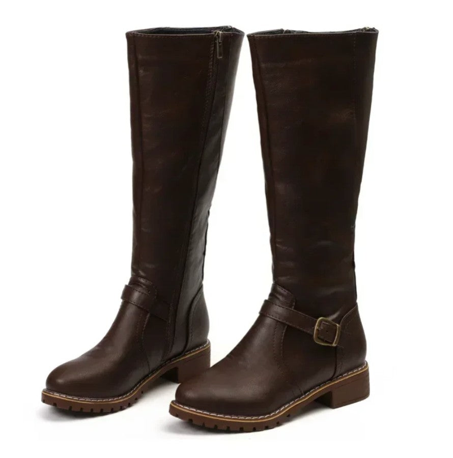 Knee High Riding Boots Buckle Detail Side Zip