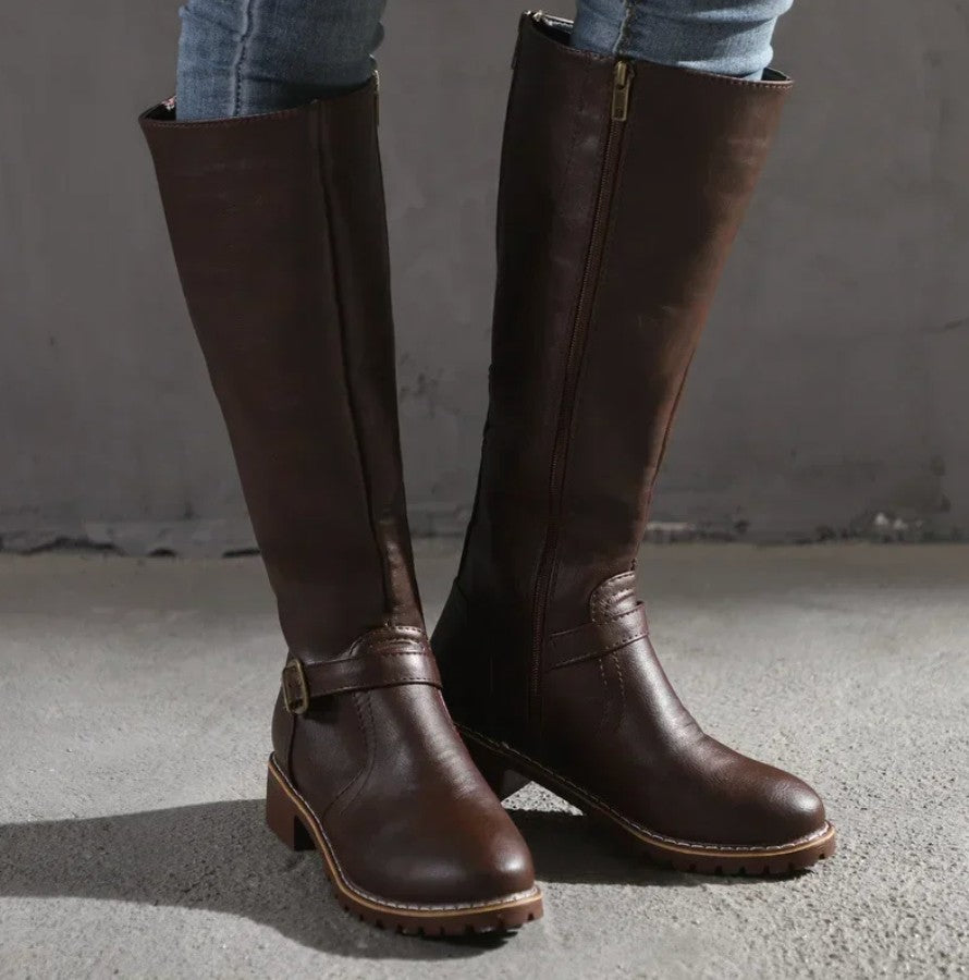 Knee High Riding Boots Buckle Detail Side Zip