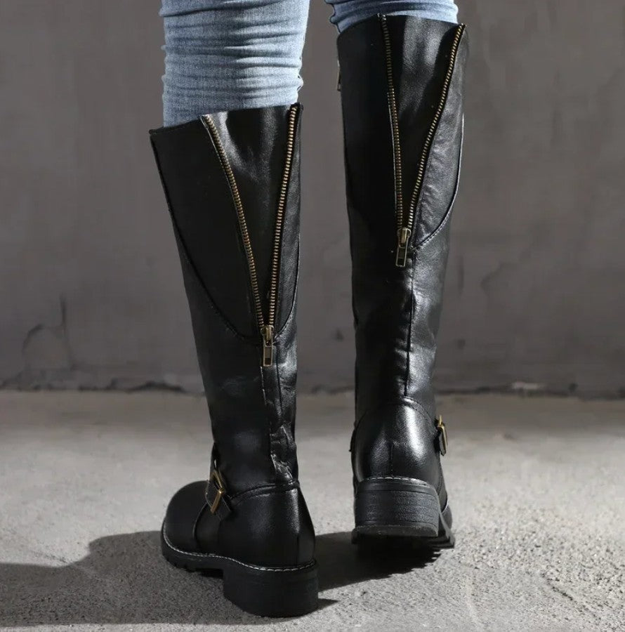 Knee High Riding Boots Buckle Detail Side Zip