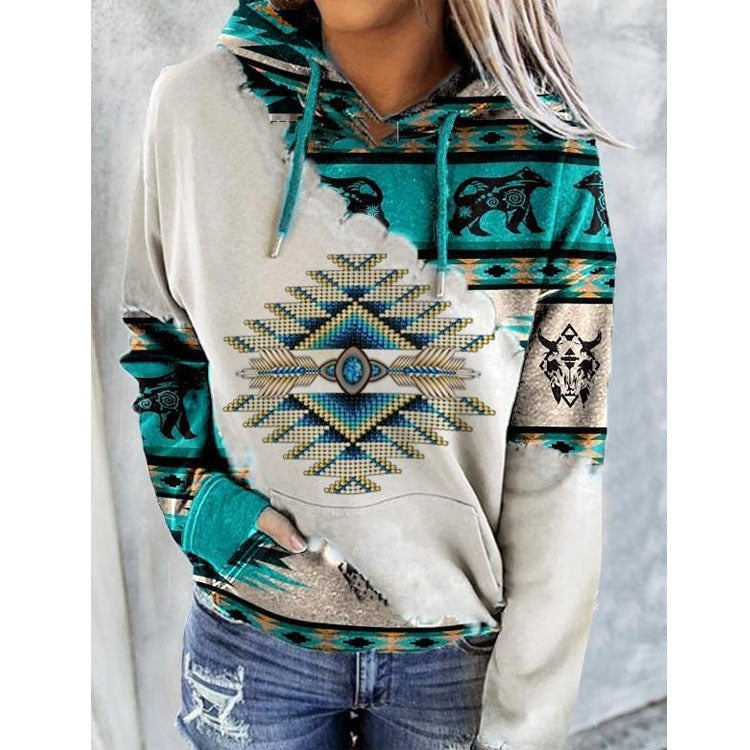 Aztec Western Graphic Hoodie Kangaroo Pocket
