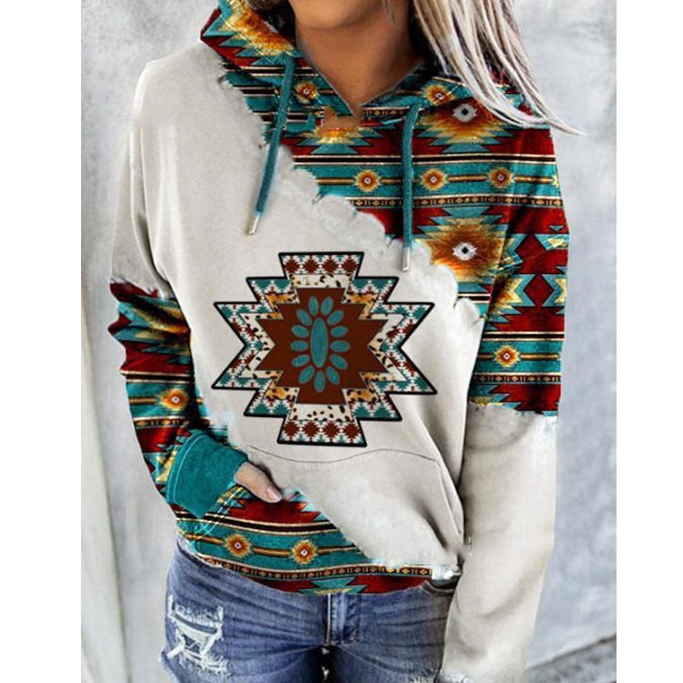 Aztec Western Graphic Hoodie Kangaroo Pocket