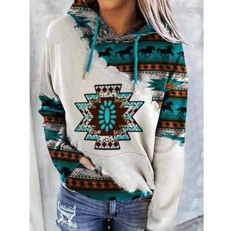 Aztec Western Graphic Hoodie Kangaroo Pocket