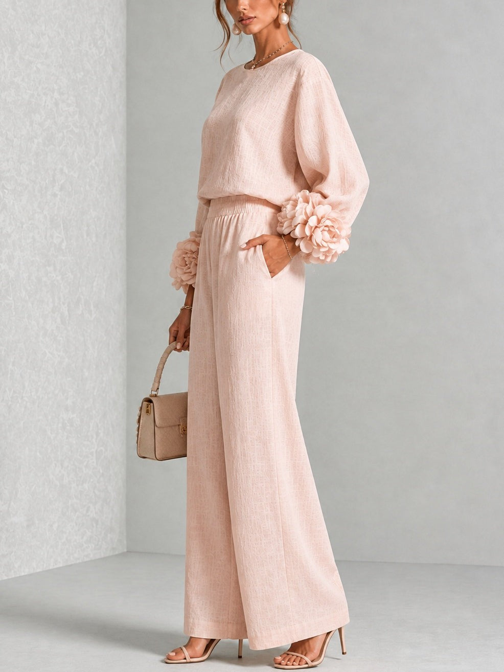Floral Applique Matching Set Wide Leg Pants