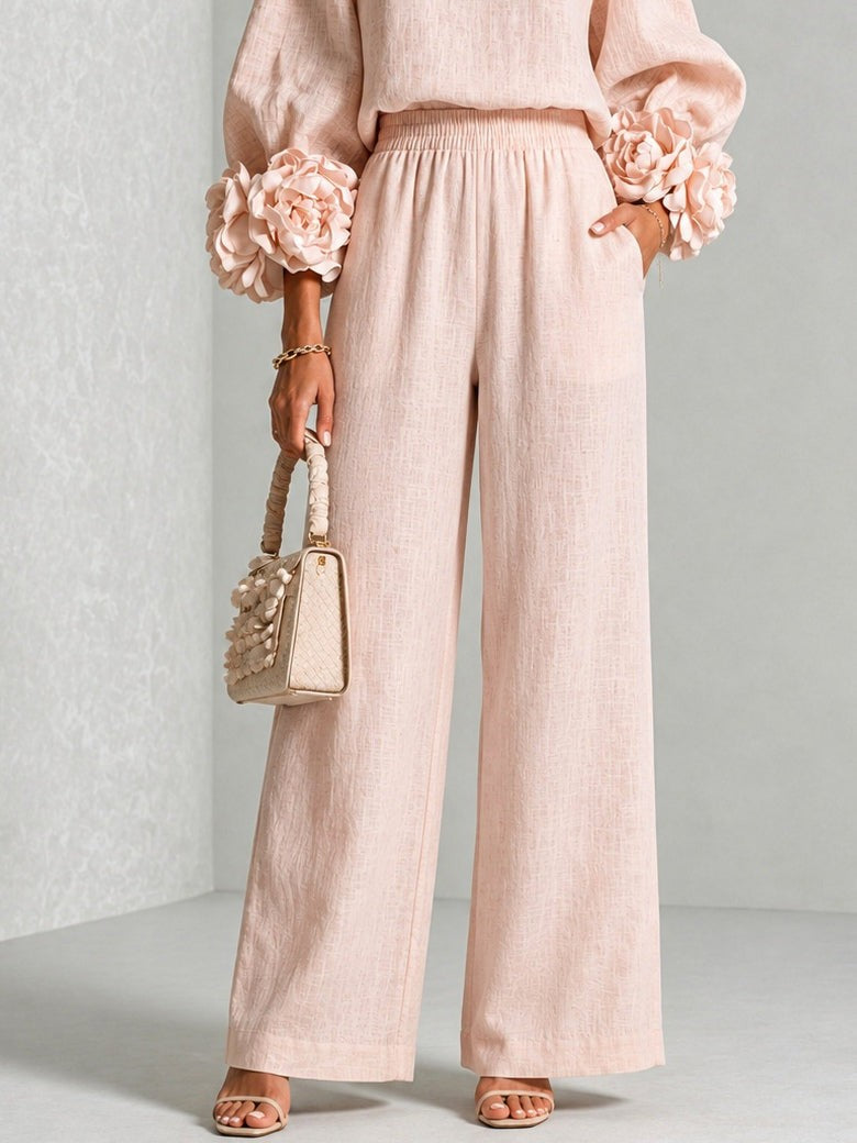 Floral Applique Matching Set Wide Leg Pants