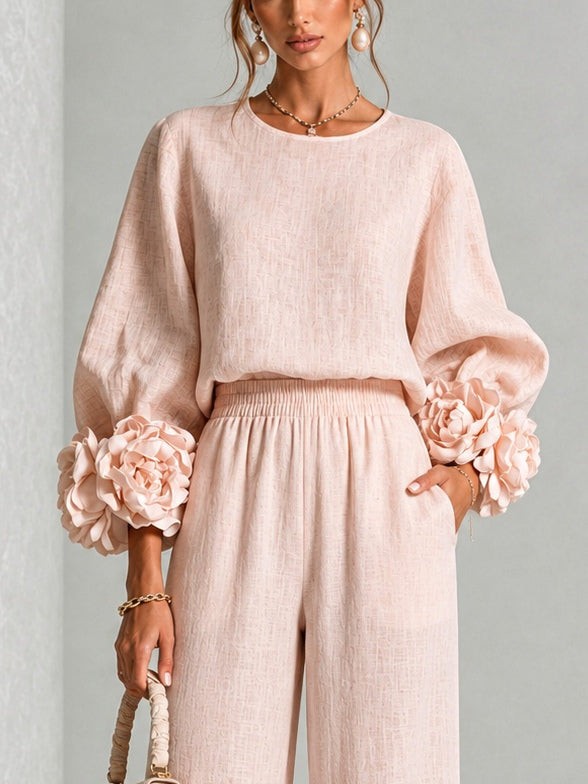 Floral Applique Matching Set Wide Leg Pants