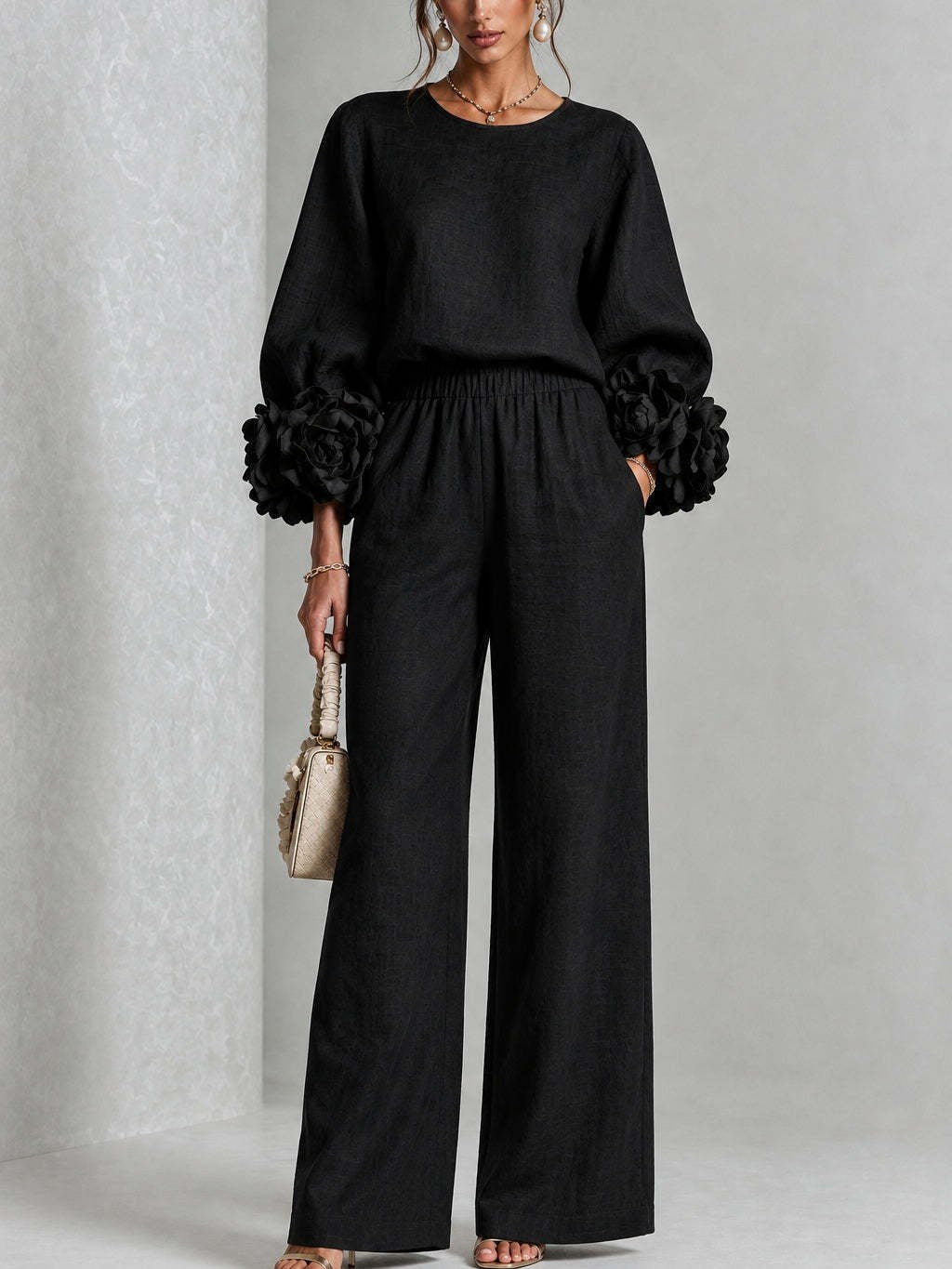 Floral Applique Matching Set Wide Leg Pants