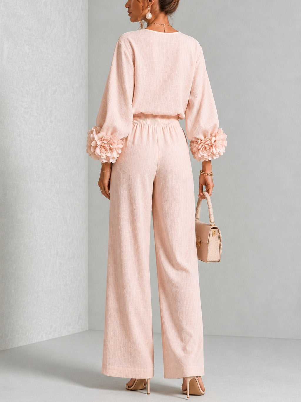 Floral Applique Matching Set Wide Leg Pants