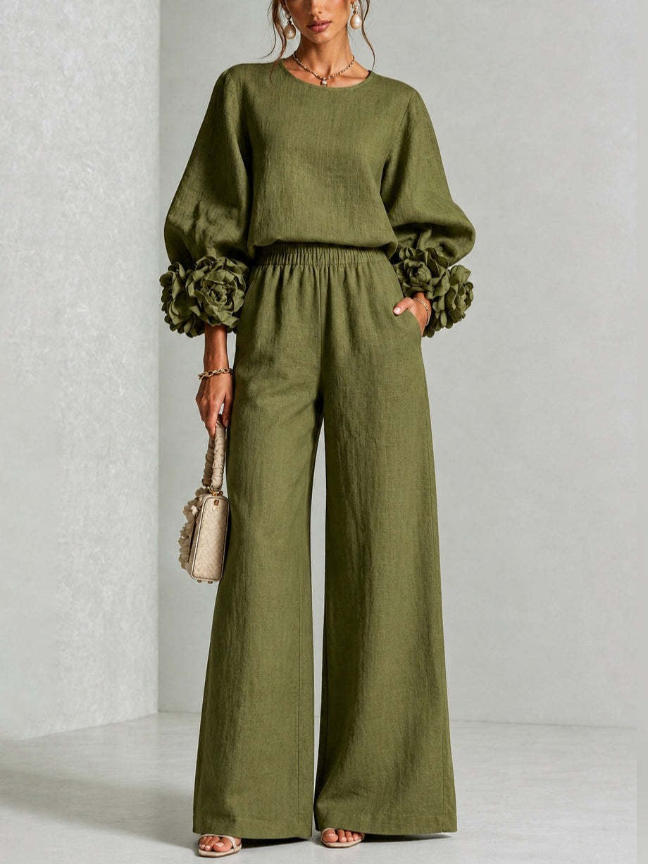 Floral Applique Matching Set Wide Leg Pants