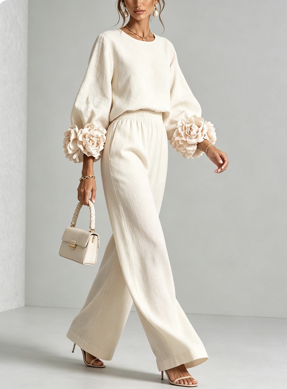 Floral Applique Matching Set Wide Leg Pants
