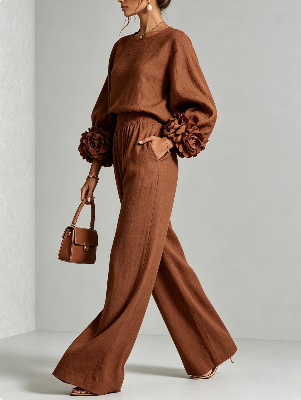 Floral Applique Matching Set Wide Leg Pants