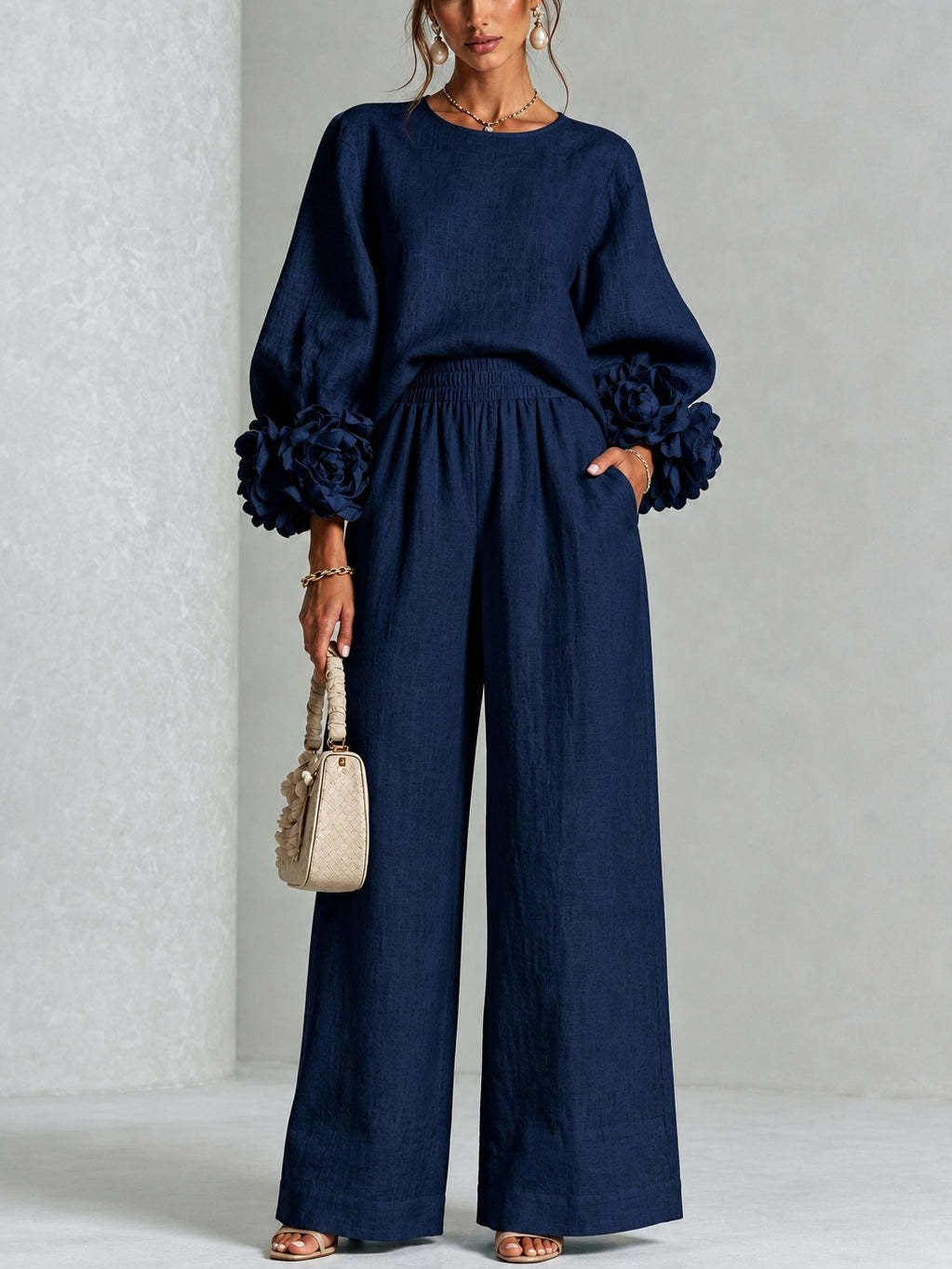 Floral Applique Matching Set Wide Leg Pants