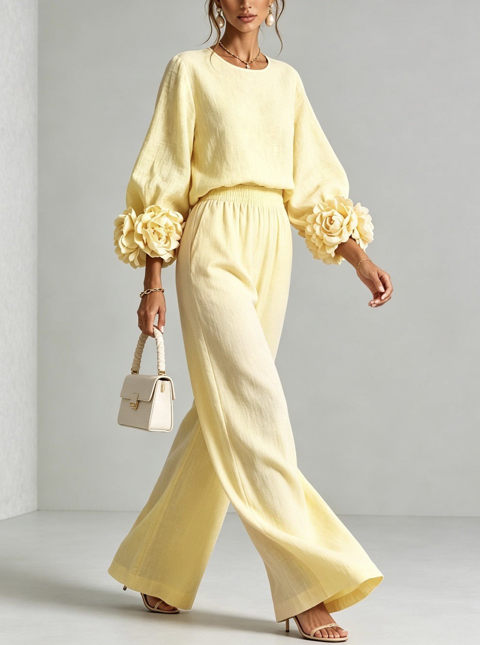Floral Applique Matching Set Wide Leg Pants