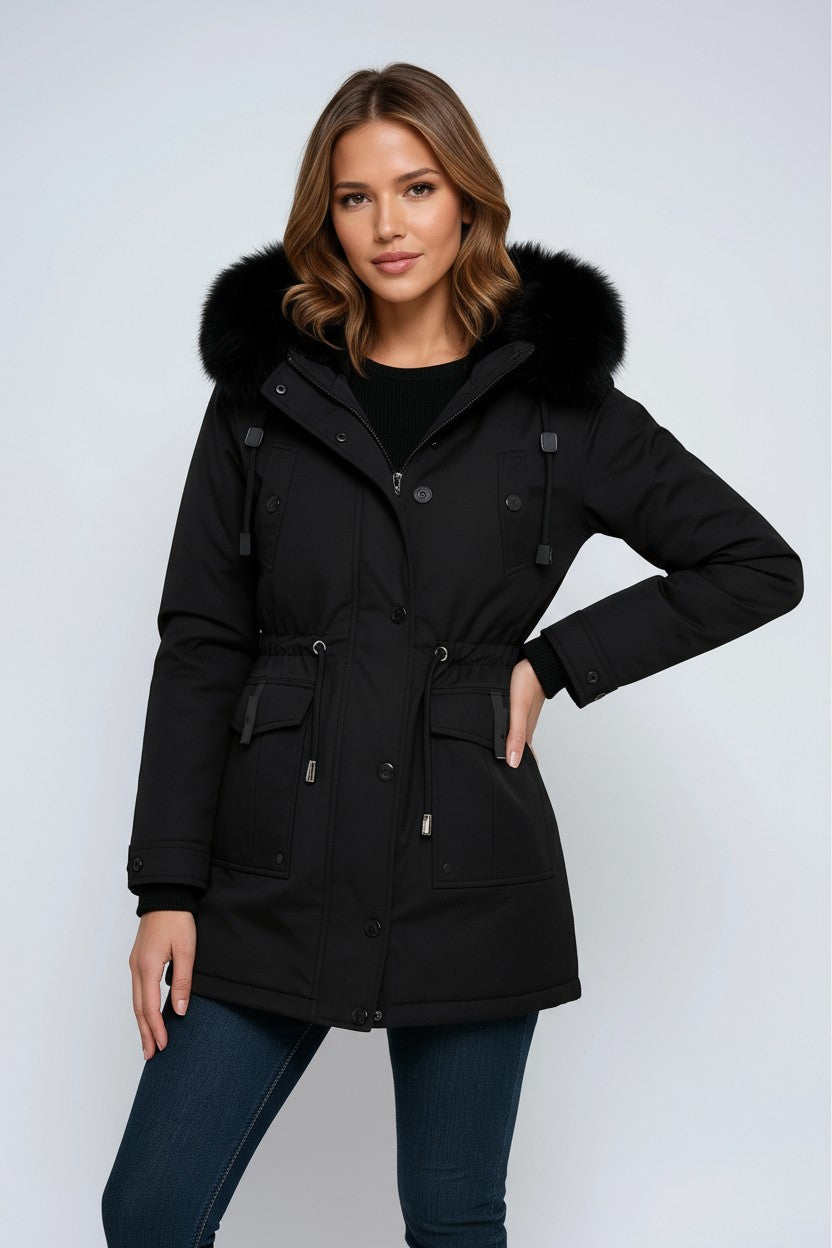 Chaqueta Parka con capucha de piel y cintura con cordón