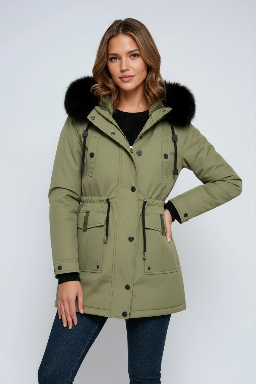 Chaqueta Parka con capucha de piel y cintura con cordón