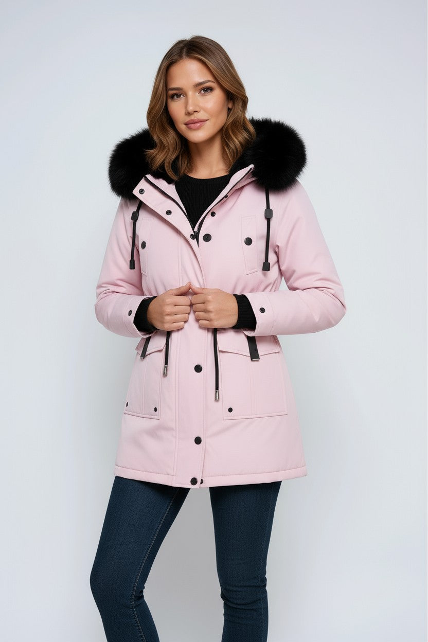 Chaqueta Parka con capucha de piel y cintura con cordón