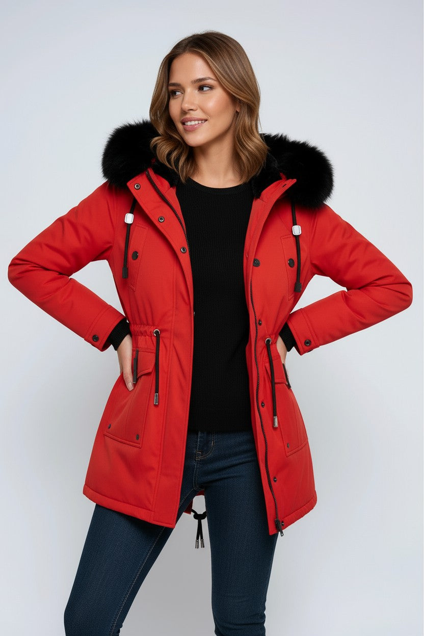 Chaqueta Parka con capucha de piel y cintura con cordón