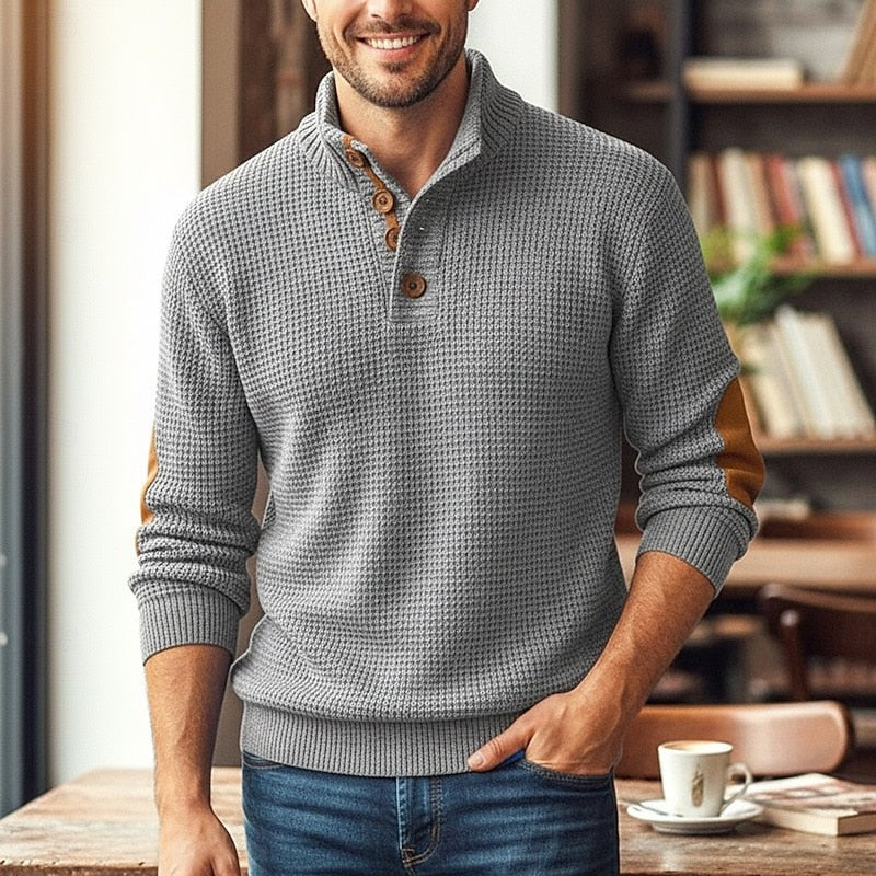 Sweater à enfiler avec encolure boutonnée et empiècements aux coudes