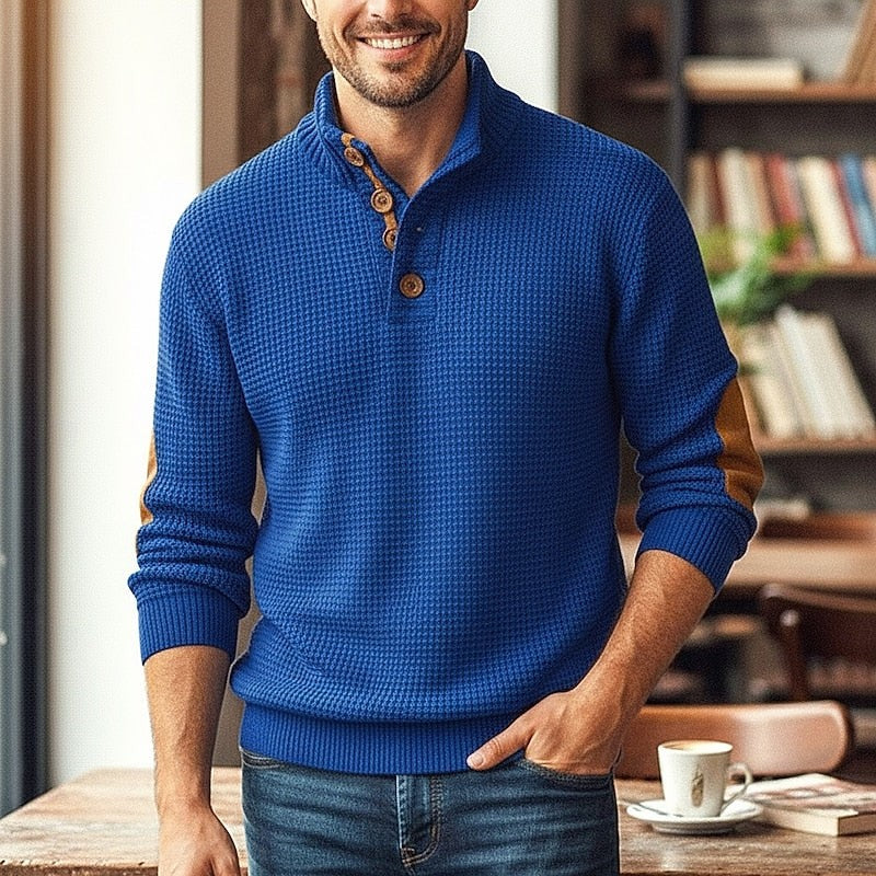 Sweater à enfiler avec encolure boutonnée et empiècements aux coudes