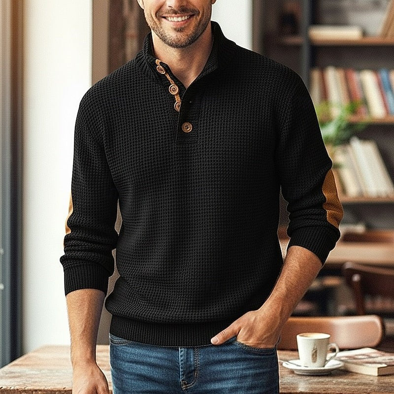 Sweater à enfiler avec encolure boutonnée et empiècements aux coudes