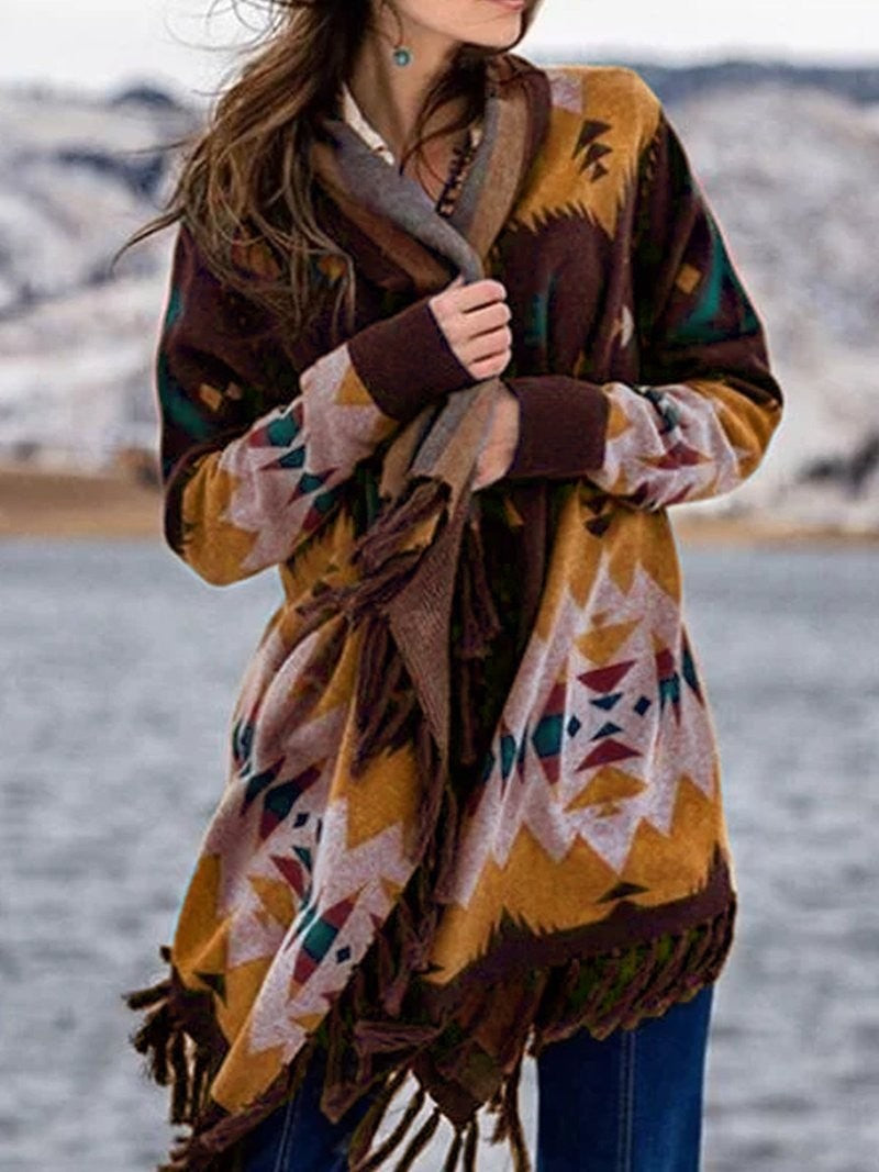 Boho Fringe Aztec Wrap Poncho Long Sleeve