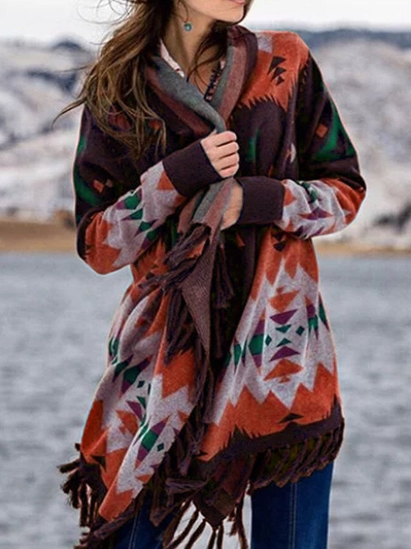 Boho Fringe Aztec Wrap Poncho Long Sleeve