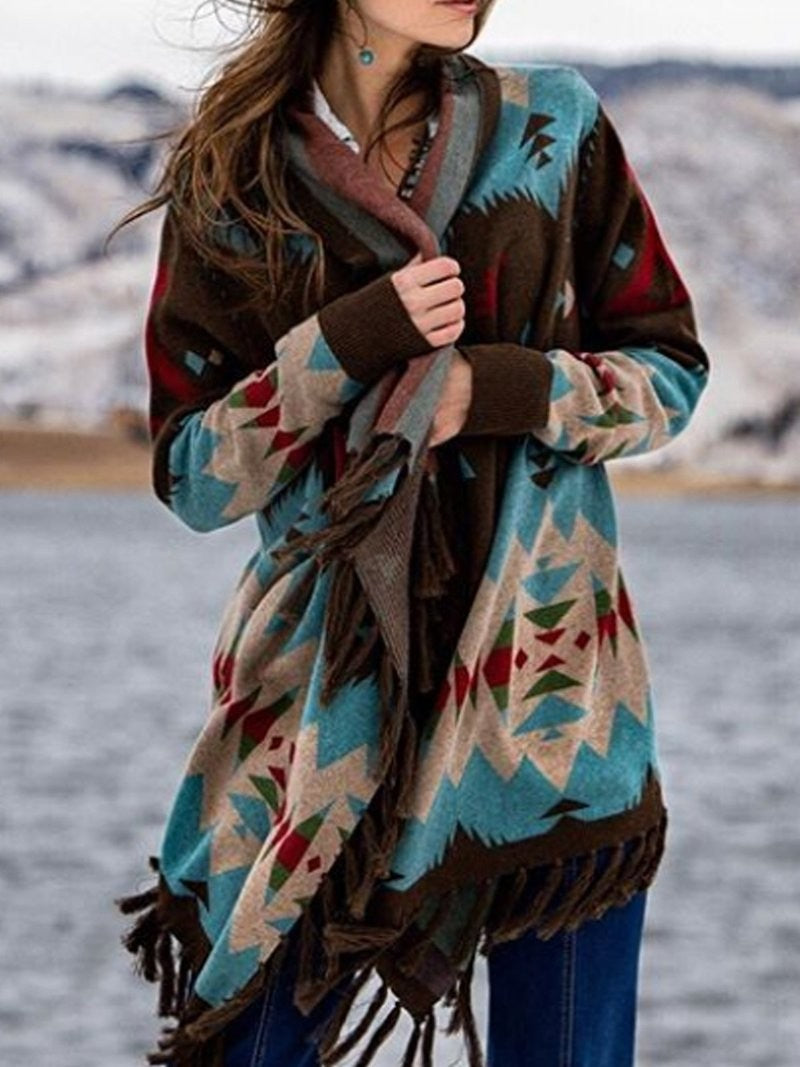Boho Fringe Aztec Wrap Poncho Long Sleeve