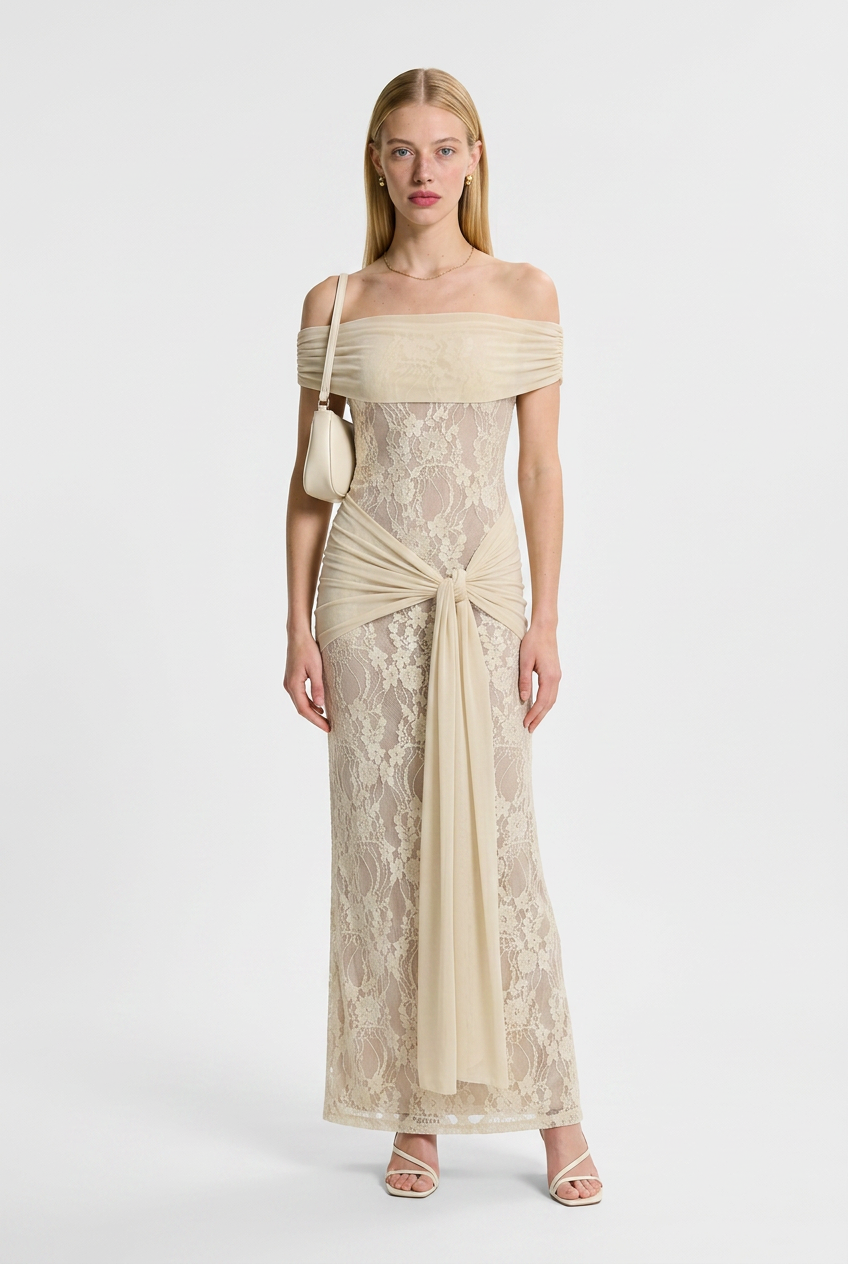 Lace Maxi Dress Off Shoulder Tie Waist