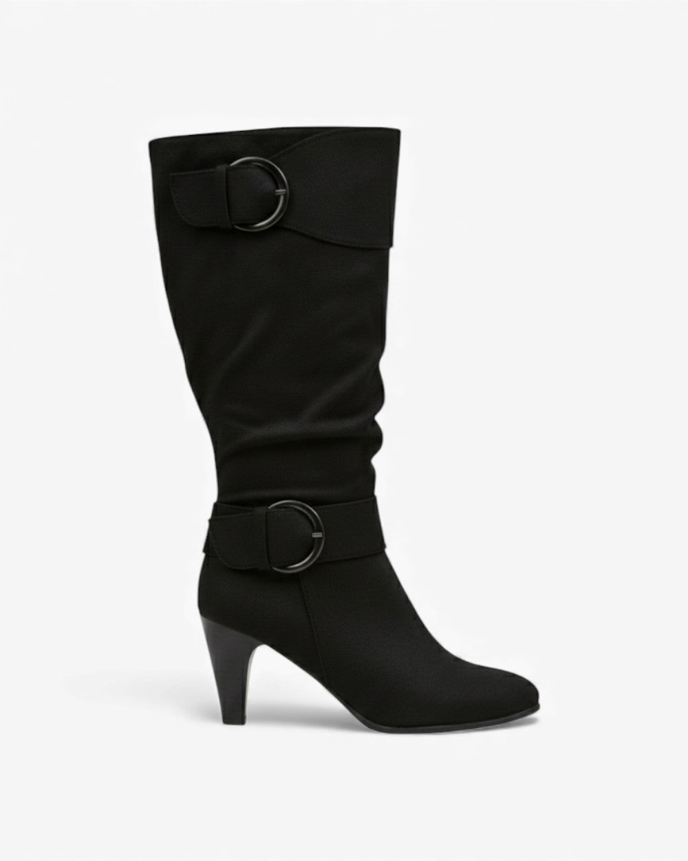 Heeled knee-high boots with buckle strap