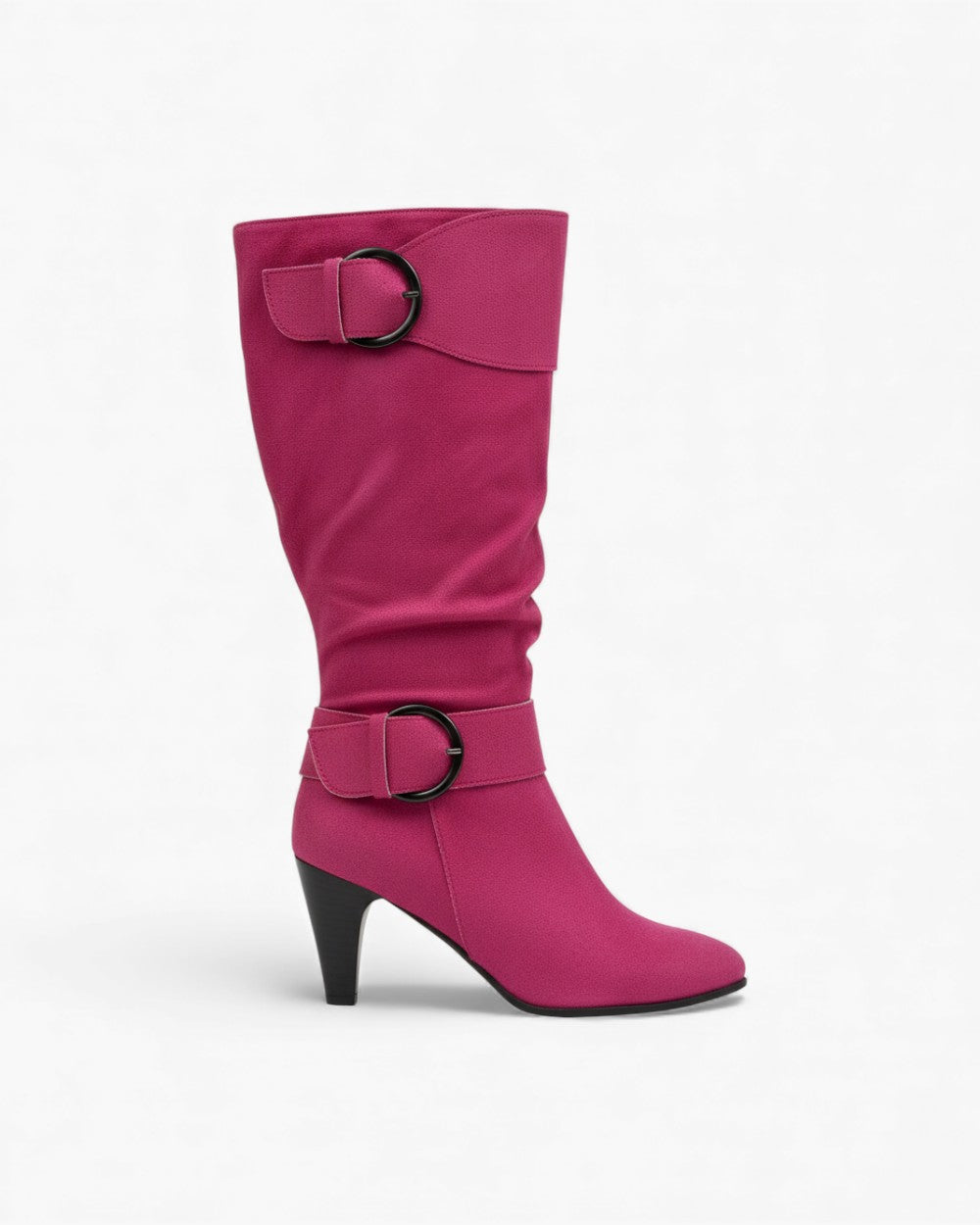 Heeled knee-high boots with buckle strap