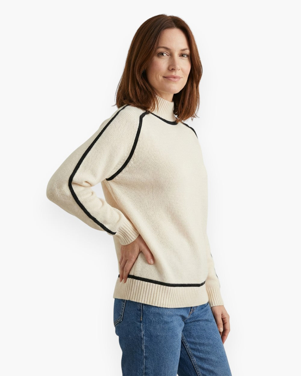 Relaxed Mock Neck Sweater in Sheep Cashmere with Contrast Trim