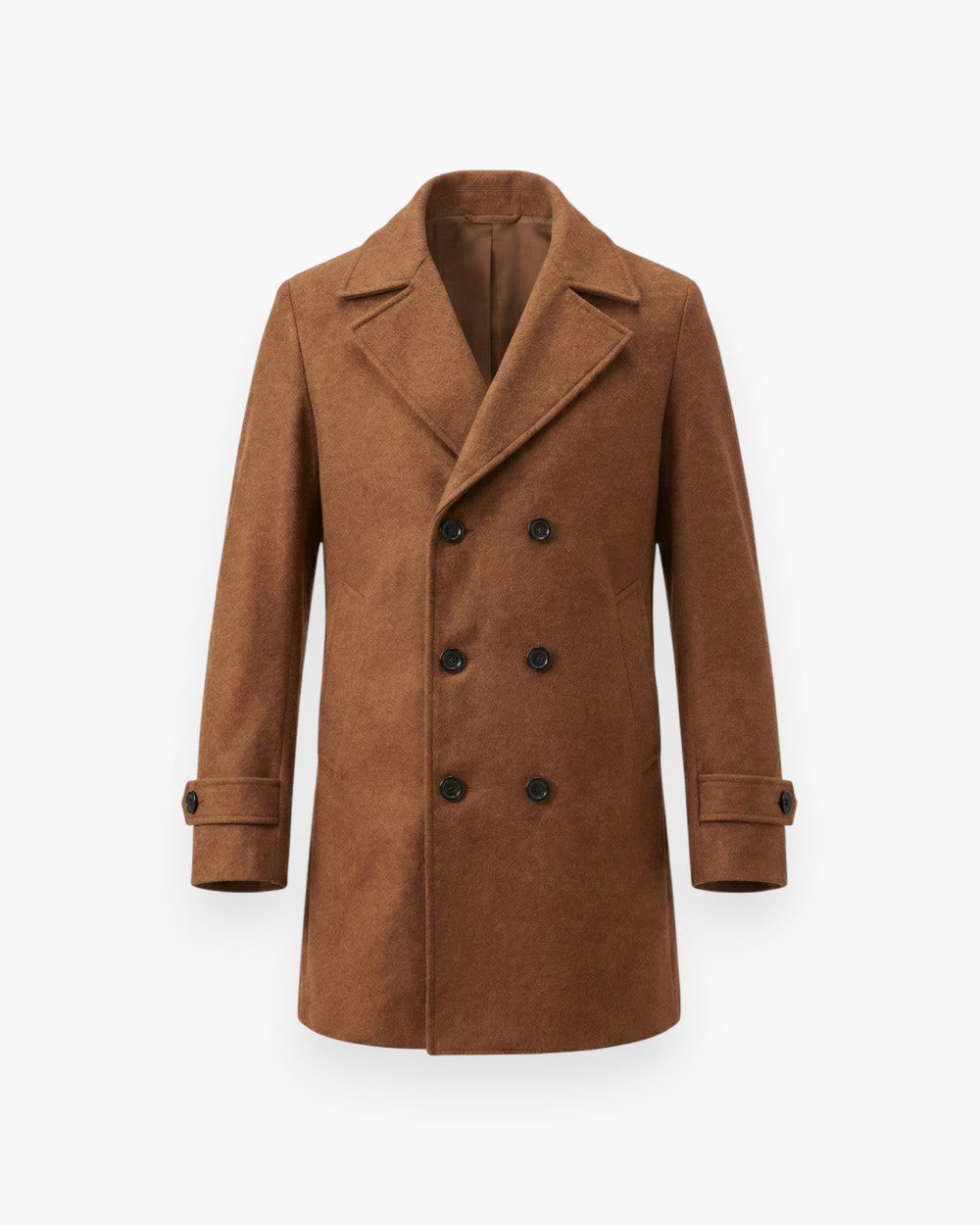 Mid-Length Peacoat with Notch Lapel and Buttoned Cuffs