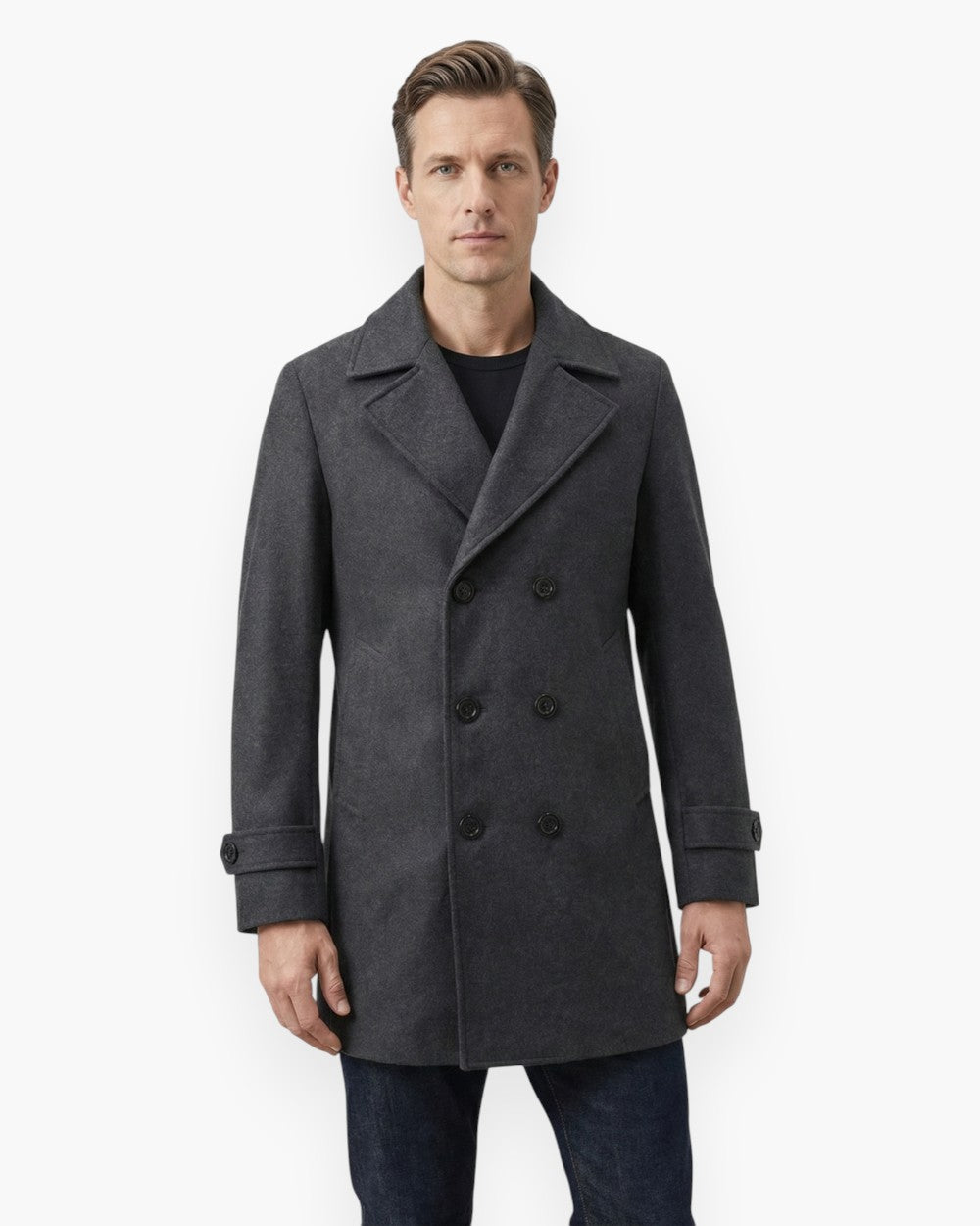 Mid-Length Peacoat with Notch Lapel and Buttoned Cuffs