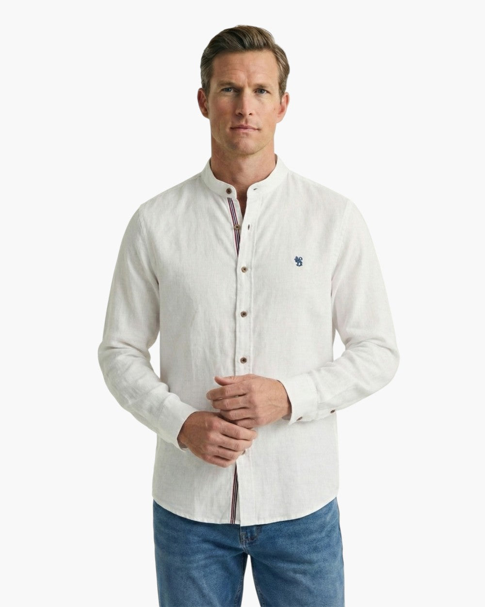 Long-Sleeve Band Collar Shirt With Contrast Buttons