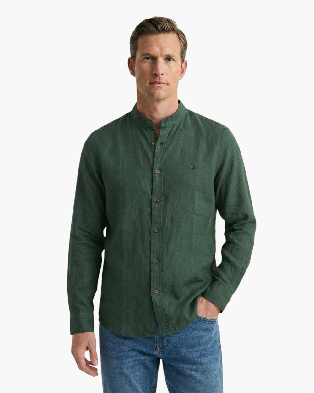 Long-Sleeve Band Collar Shirt With Contrast Buttons