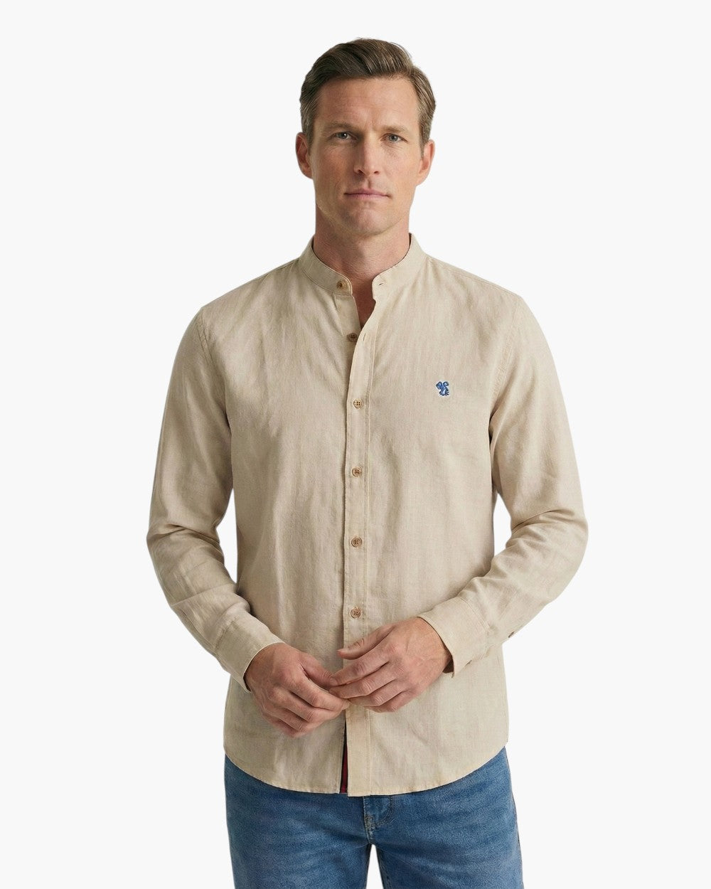 Long-Sleeve Band Collar Shirt With Contrast Buttons