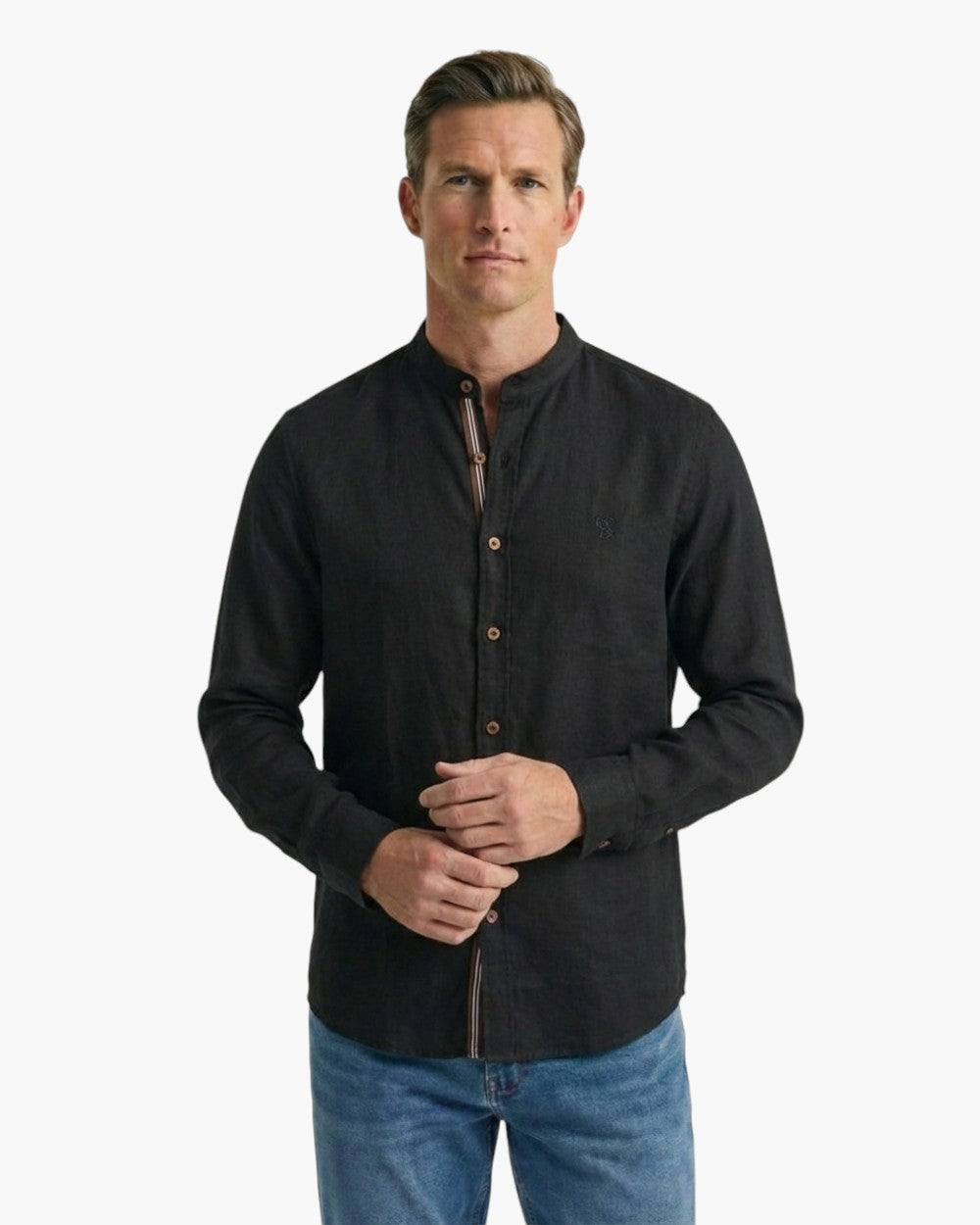 Long-Sleeve Band Collar Shirt With Contrast Buttons