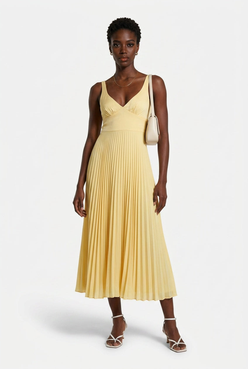 V Neck Pleated Midi Dress