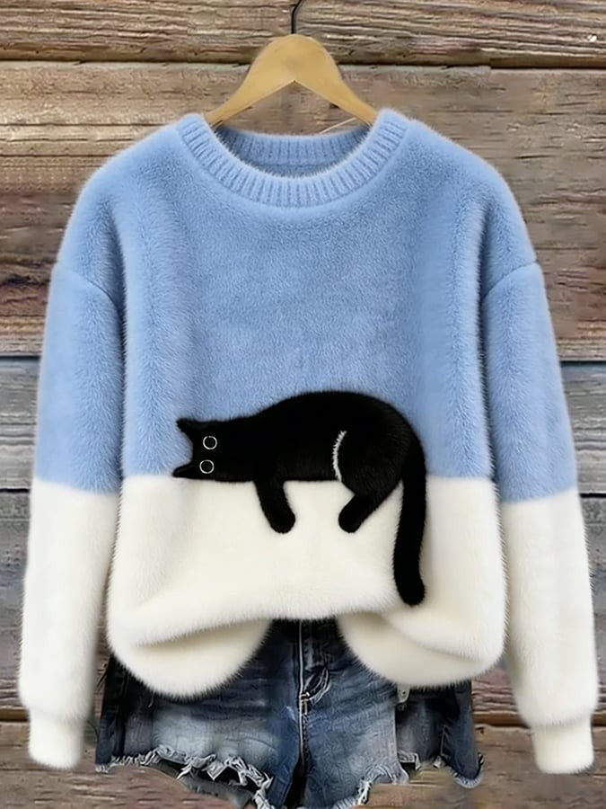 Cat Print Fuzzy Pullover Sweater Crew Neck